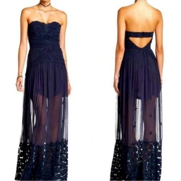 Free People Monarch Crochet Lace Mesh Embroidered Open Back Strapless Maxi Gown - Picture 4 of 4